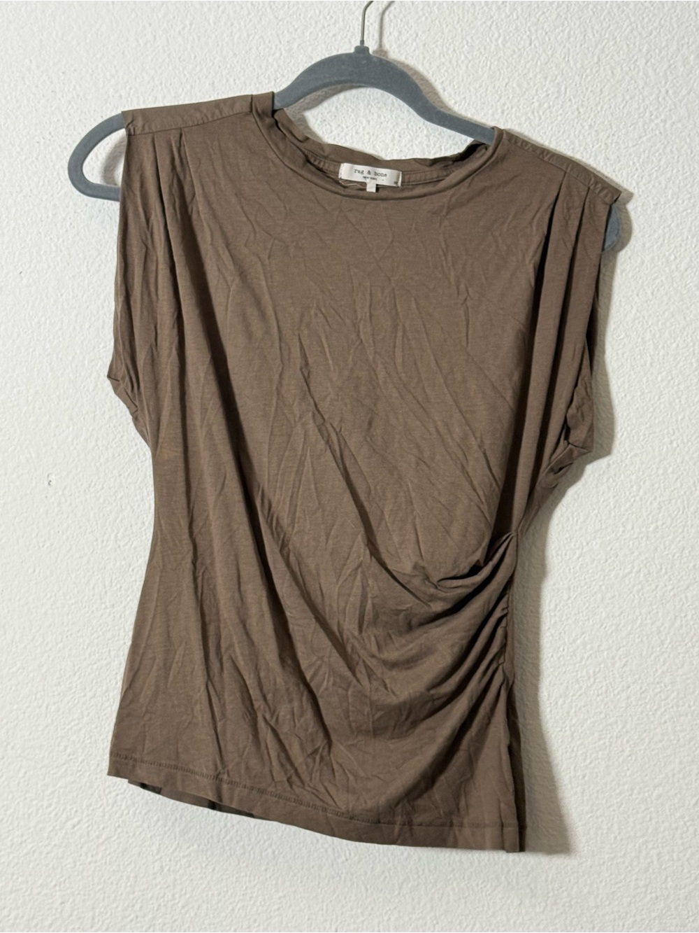 Rag & Bone Brown Gathered Shoulder Tee Size Small Ruched Side Cotton Viscose Top